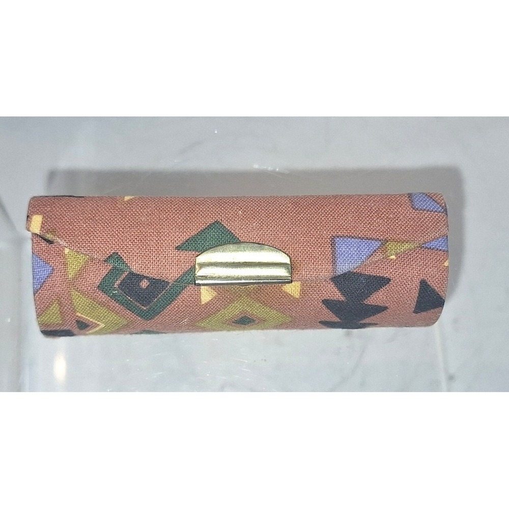Vintage Southwestern Geometric Print Lipstick Case with Mirror Gold Tone Snap